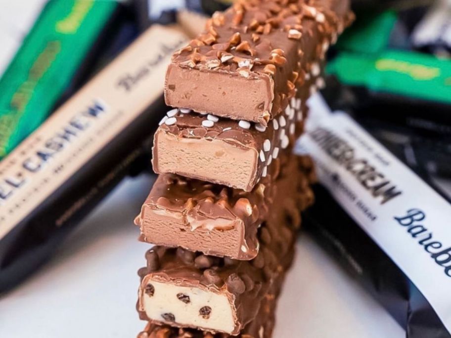 a stack of Barebell's protein bars